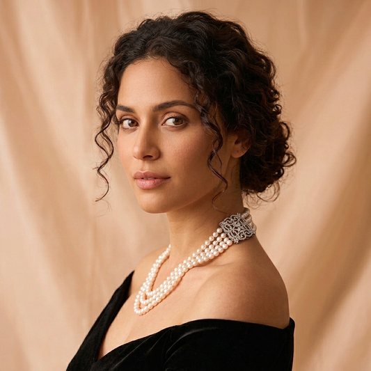 Model wearing the Belle Epoque Necklace, three strands of cultured freshwater pearls with an openwork sterling silver clasp worn at the side