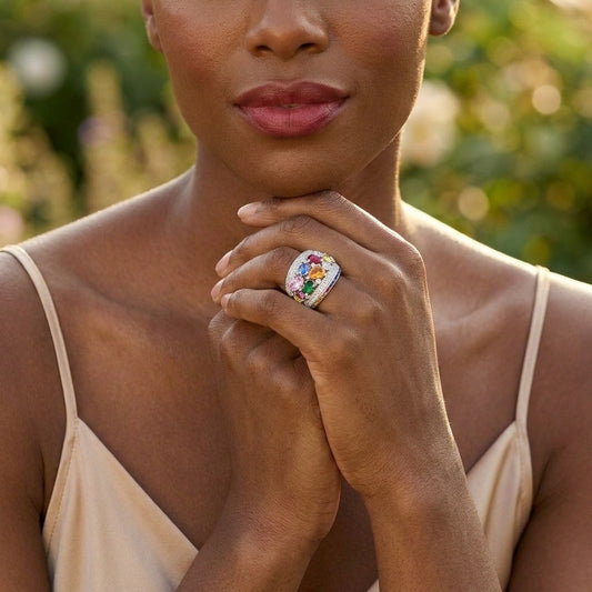 Model wearing the Bonbon Band Ring, silver-tone brass, multicolored simulated stones, simulated diamonds