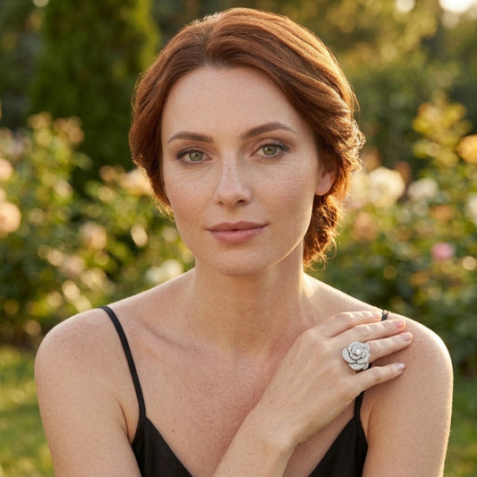 Model wearing the Bouton de Rose Open Ring, silver-tone brass, simulated diamonds