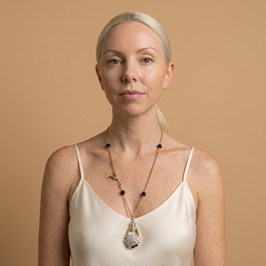 Model wearing the Colibri Necklace, gold-tone brass, black beads, simulated diamonds