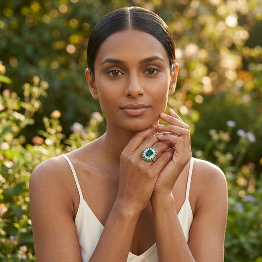 Model wearing the Étoile Cocktail Ring, silver-tone brass, simulated emeralds, simulated diamonds