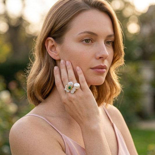 Model wearing the Jardin Ring, silver-tone brass, simulated pearl, simulated emerald, simulated diamonds