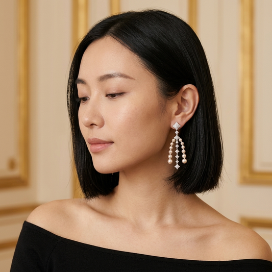 Model wearing the Lustre Chandelier Earrings, silver-tone brass, simulated pearls, simulated diamonds