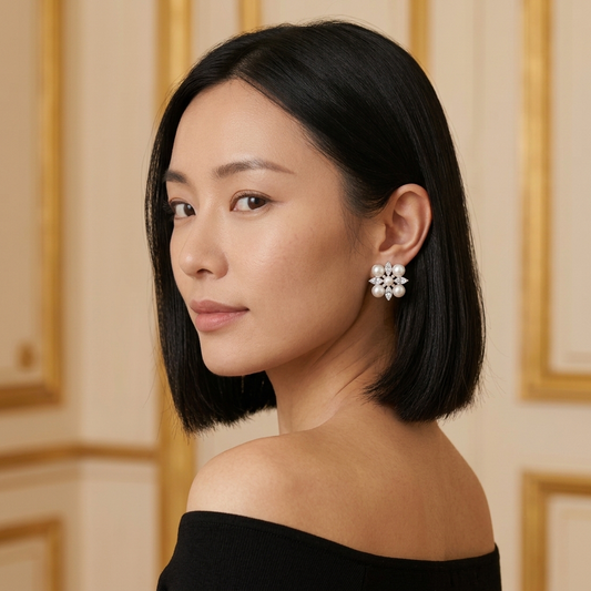 Model wearing the Marguerite Cluster Earrings, silver-tone brass, simulated pearls, simulated diamonds