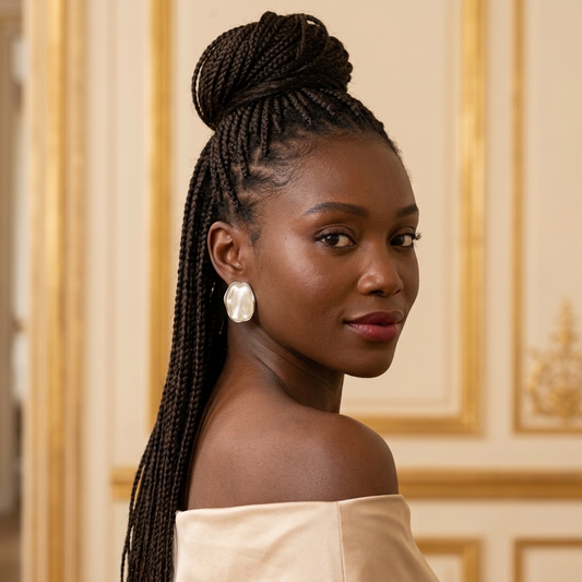 Model wearing the Nacre Stud Earrings, silver-tone brass, pearlescent inlay
