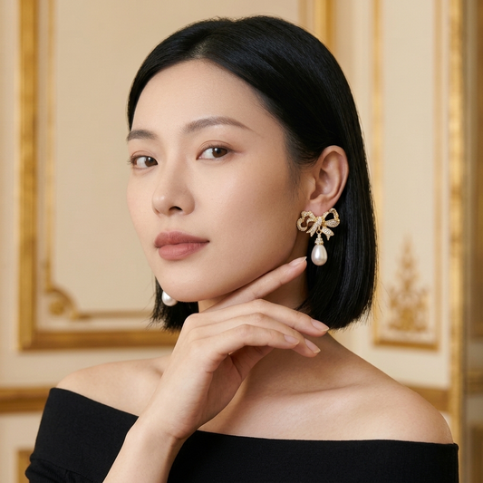Model wearing the Nœud Doré Drop Earrings, gold-tone brass, simulated pearls, simulated diamonds