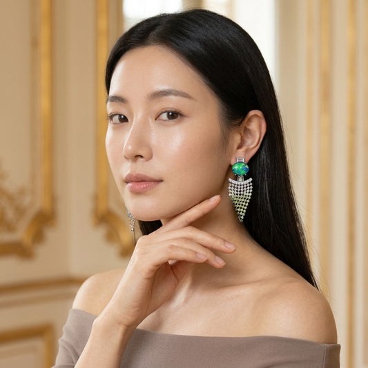 Model wearing the Opaline Fringe Earrings, silver-tone brass, simulated opals, multicolored simulated stones