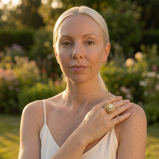Model wearing the Opaline Ring, gold-tone brass, simulated opal, simulated diamonds