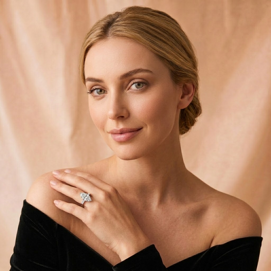 Model wearing the Promesse Ring, a marquise lab-grown diamond set in 18K white gold