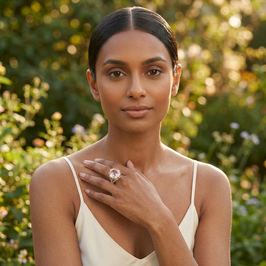 Model wearing the Rosée Cocktail Ring, two-tone brass, simulated morganite, simulated diamonds