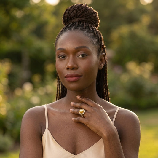 Model wearing the Soleil Halo Ring, gold-tone brass, simulated golden pearl, simulated diamonds