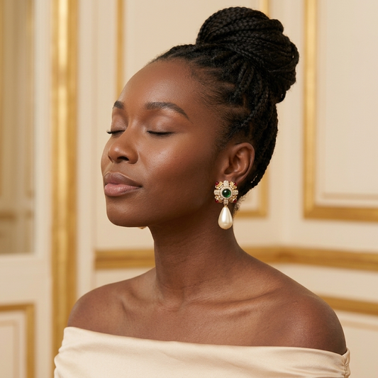 Model wearing the Vitrail Drop Earrings, gold-tone brass, simulated emeralds, simulated rubies, simulated pearls, simulated diamonds