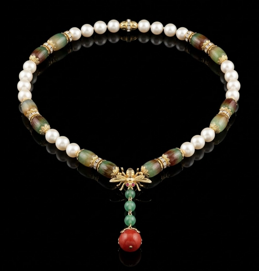 Abeille Necklace, cultured freshwater pearls, gold-tone sterling silver, colored beads