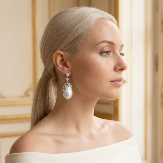 Model wearing the Baroque Drop Earrings, silver-tone brass, simulated baroque pearls, simulated diamonds