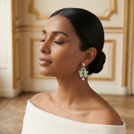 Model wearing the Bonbon Drop Earrings, gold-tone brass, multicolored simulated stones