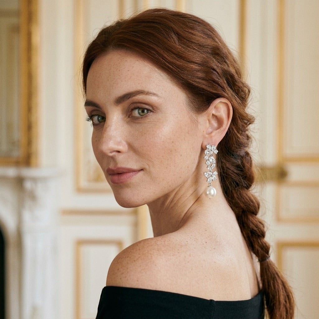 Model wearing the Bouquet Drop Earrings, silver-tone brass, simulated pearls, simulated diamonds