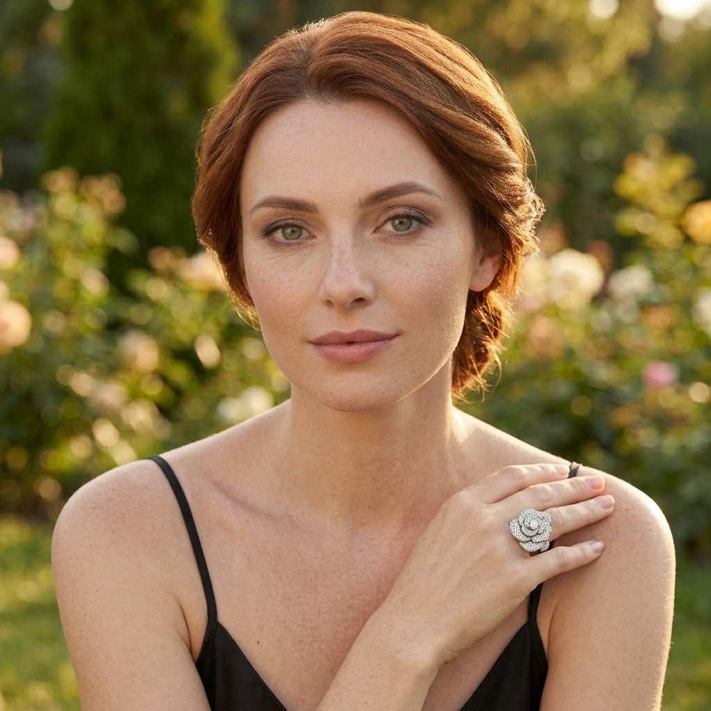 Model wearing the Bouton de Rose Open Ring, silver-tone brass, simulated diamonds