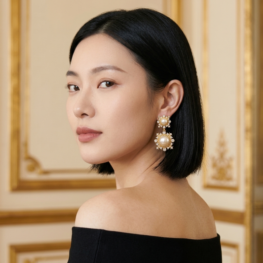 Model wearing the Brocart Drop Earrings, gold-tone brass, simulated pearls, simulated diamonds