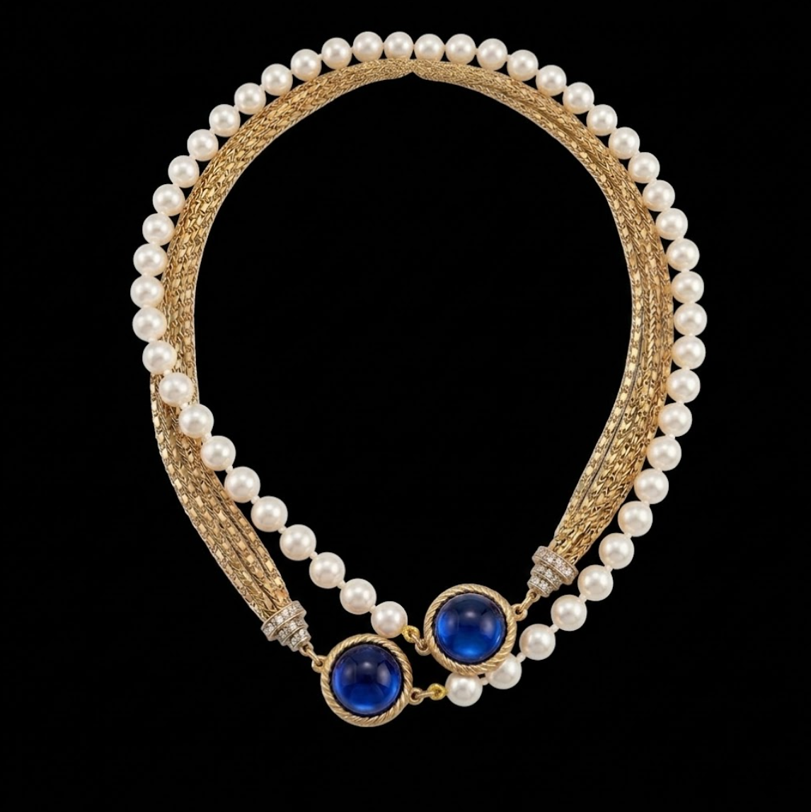Byzance Necklace, cultured freshwater pearls, gold-tone sterling silver, blue cabochons, simulated diamonds
