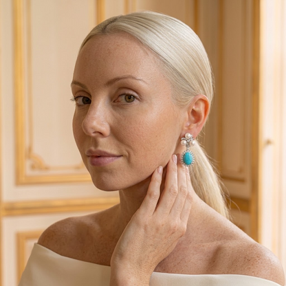 Model wearing the Capri Drop Earrings, silver-tone brass, simulated turquoise, simulated pearls, simulated diamonds