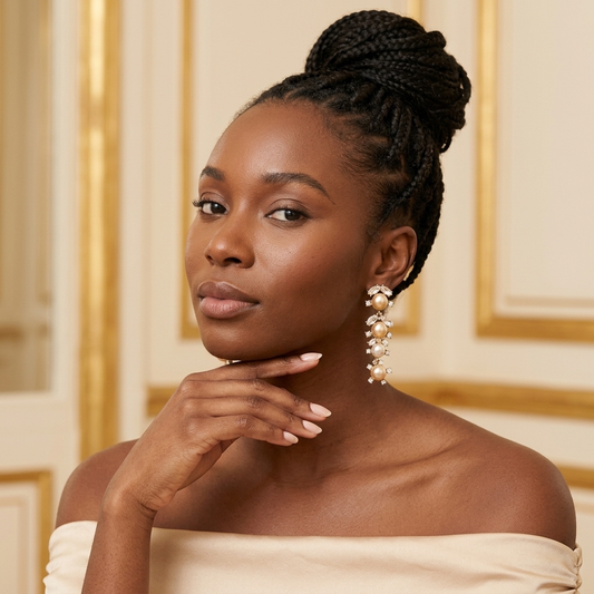 Model wearing the Cascade Drop Earrings, gold-tone brass, simulated pearls, simulated diamonds