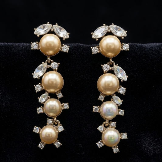 Cascade Drop Earrings, gold-tone brass, simulated pearls, simulated diamonds