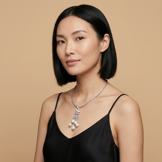 Model wearing the Cascade Pendant, sterling silver, cultured freshwater pearls, simulated diamonds