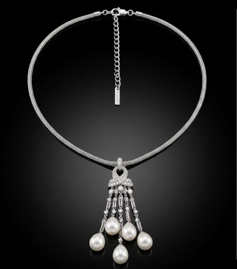 Cascade Pendant, sterling silver, cultured freshwater pearls, simulated diamonds