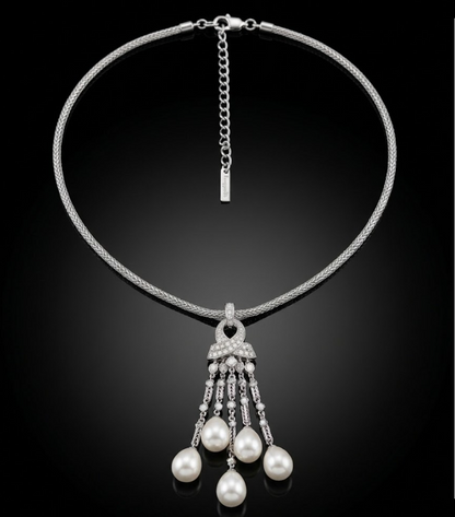 Cascade Pendant, sterling silver, cultured freshwater pearls, simulated diamonds