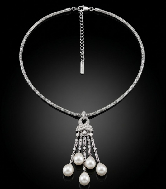 Cascade Pendant, sterling silver, cultured freshwater pearls, simulated diamonds
