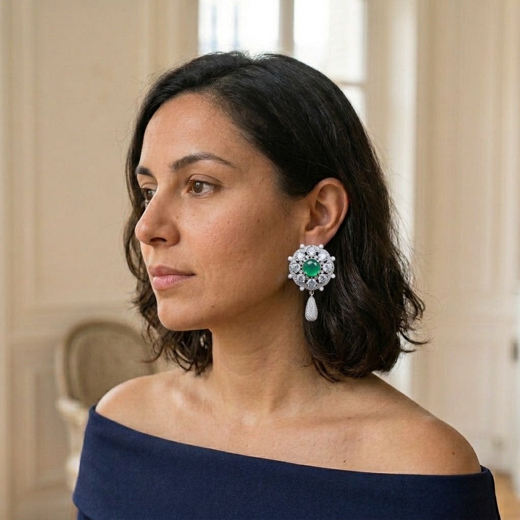 Model wearing the Céladon Halo Earrings, silver-tone brass, simulated jade, simulated diamonds, simulated pearls