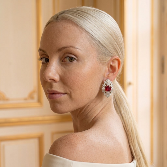 Model wearing the Cerise Cluster Earrings, gold-tone brass, simulated rubies, simulated diamonds