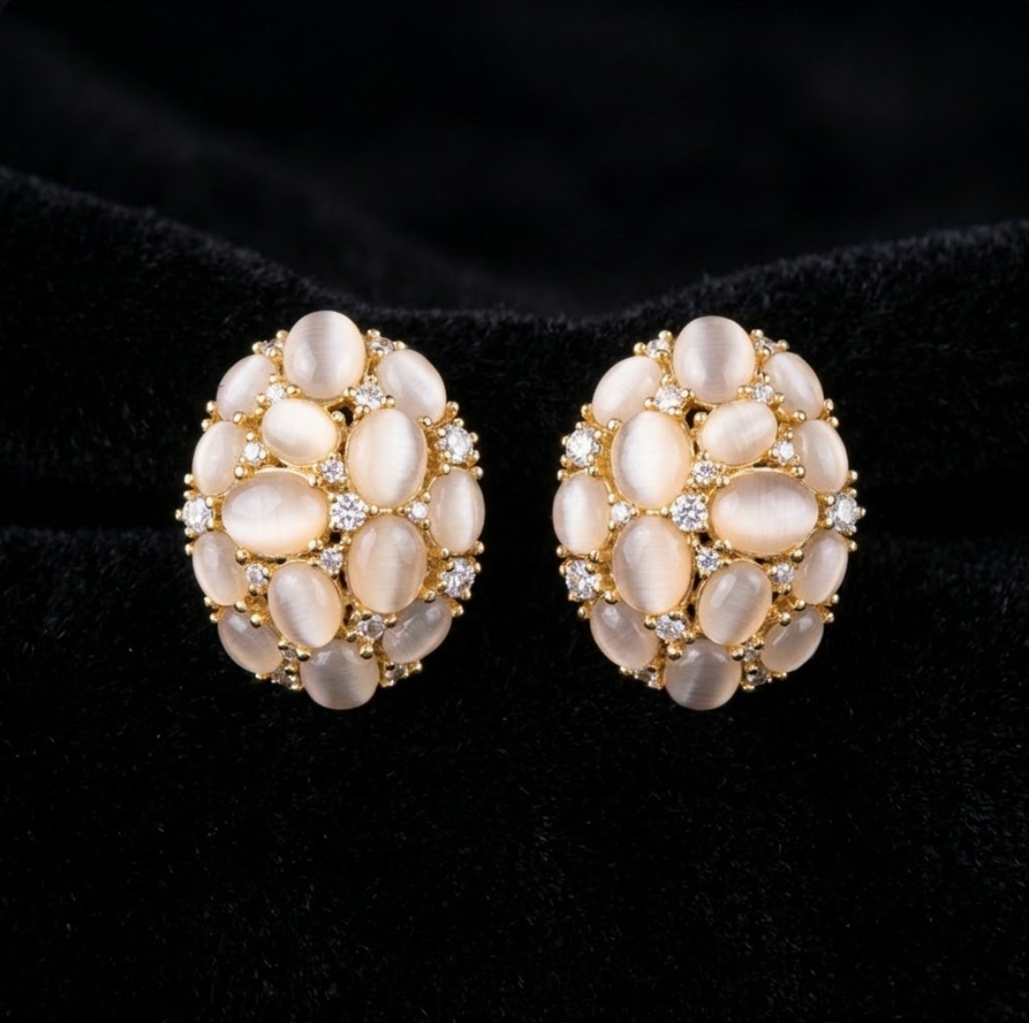 Clair de Lune Cluster Earrings, gold-tone brass, simulated moonstones, simulated diamonds