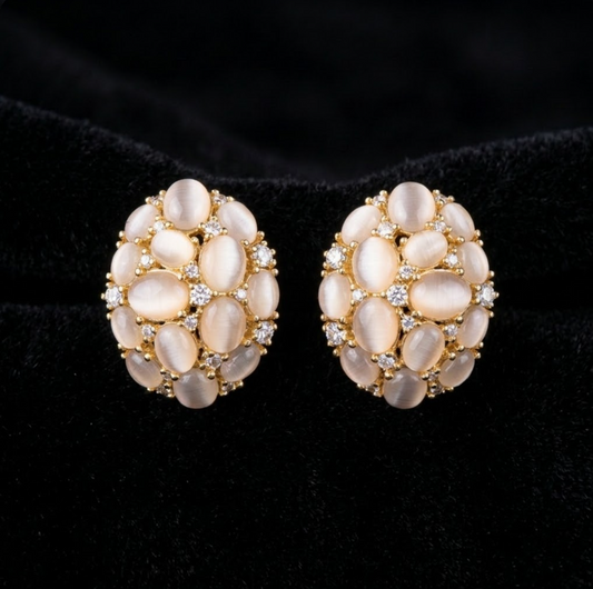 Clair de Lune Cluster Earrings, gold-tone brass, simulated moonstones, simulated diamonds