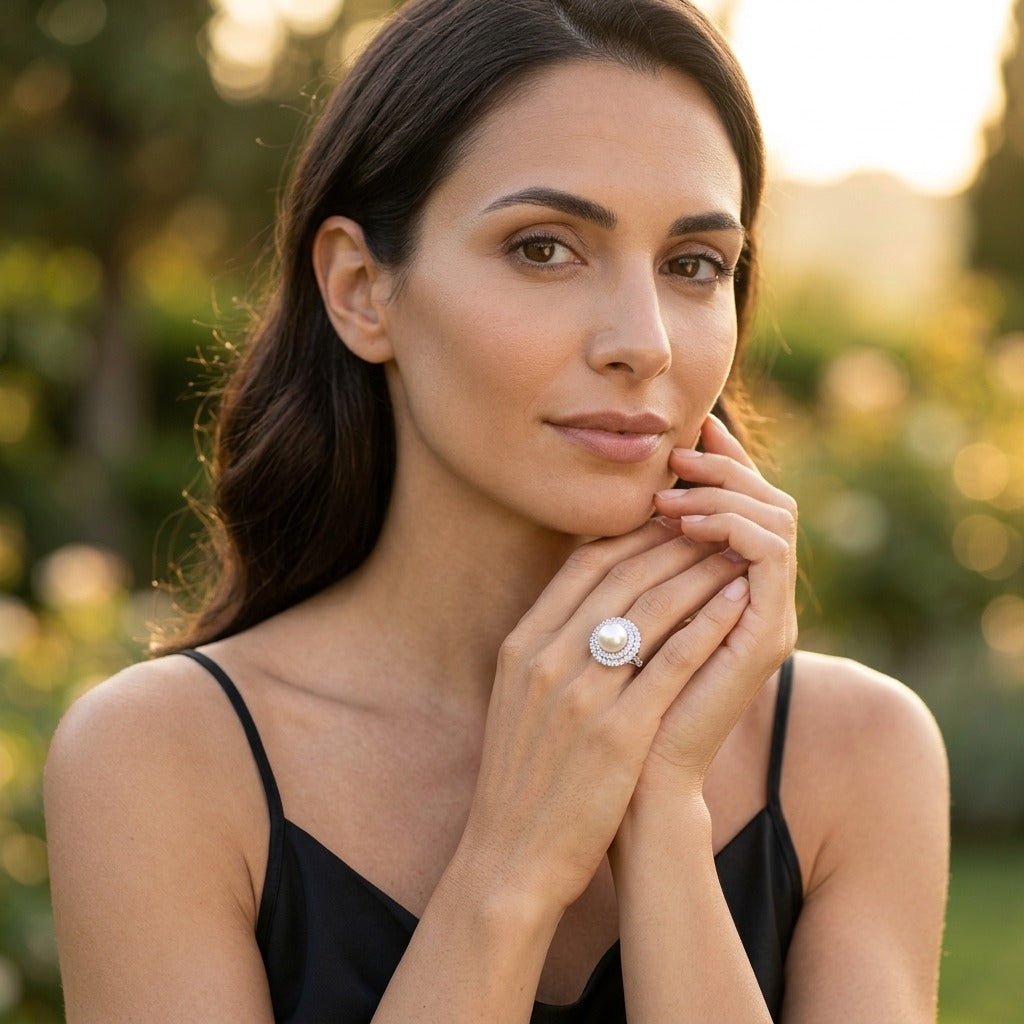 Model wearing the Clair de Lune Ring, silver-tone brass, simulated pearl, simulated diamonds