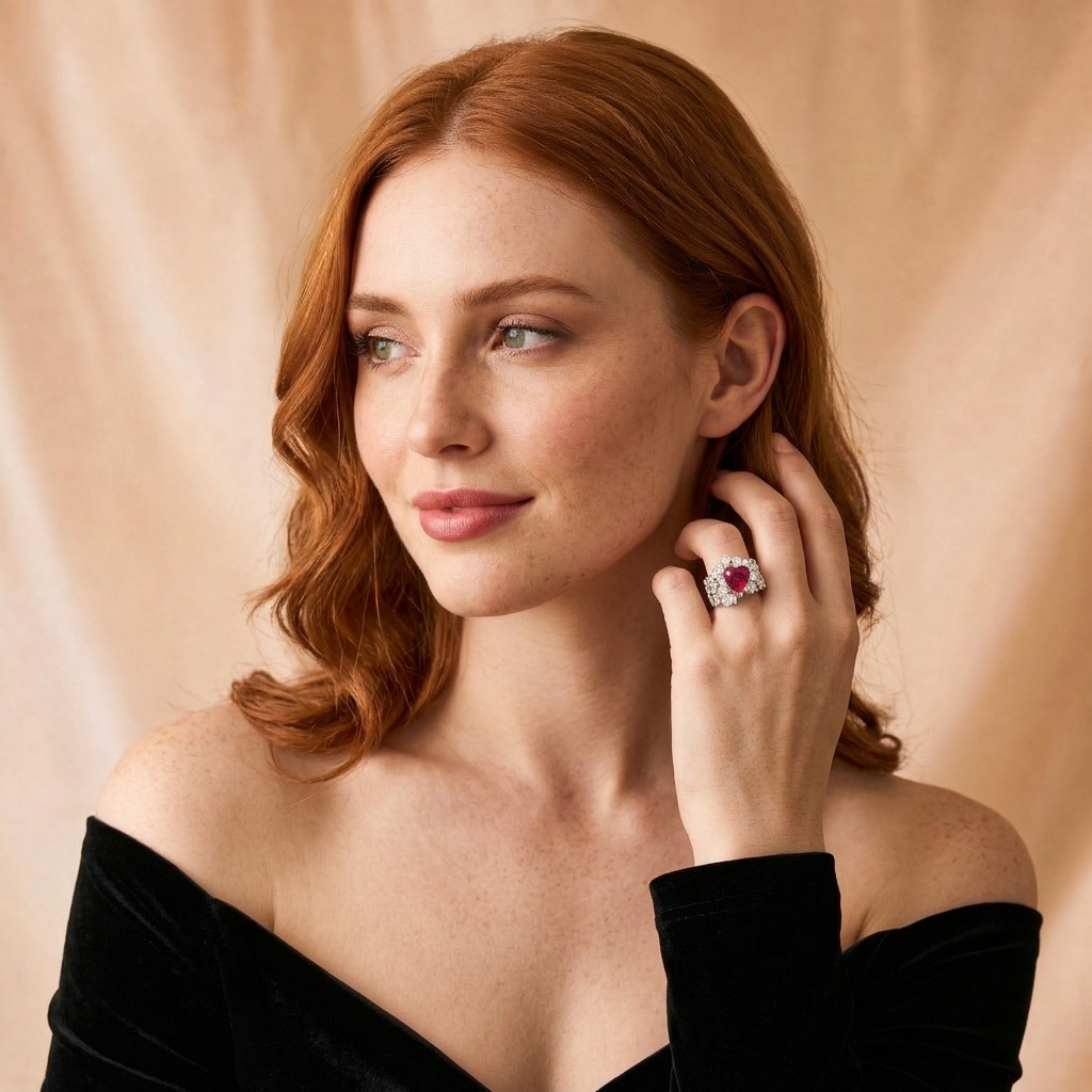 Model wearing the Coeur de Rose Ring, a heart-shaped lab-grown ruby in a band of lab-grown diamond petals, 18K white gold