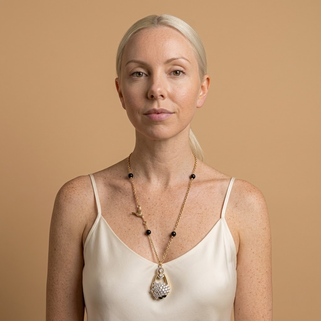 Model wearing the Colibri Necklace, gold-tone brass, black beads, simulated diamonds