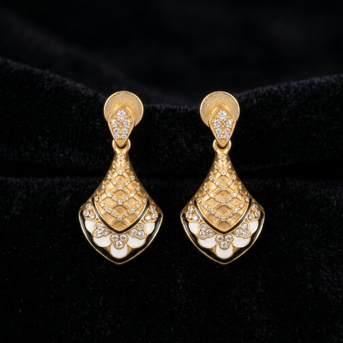 Coquille Drop Earrings, gold-tone brass, white enamel, simulated diamonds