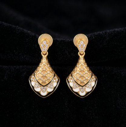 Coquille Drop Earrings, gold-tone brass, white enamel, simulated diamonds