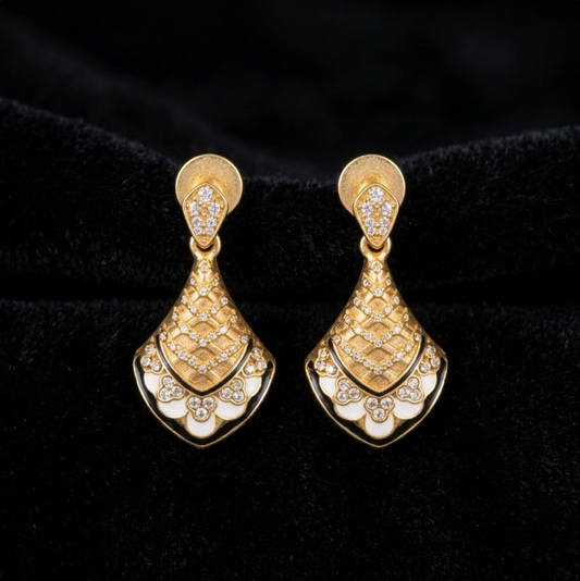 Coquille Drop Earrings, gold-tone brass, white enamel, simulated diamonds