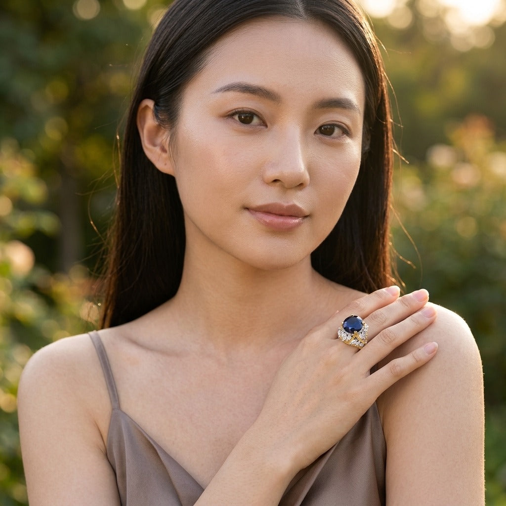 Model wearing the Couronne Cocktail Ring, two-tone brass, simulated sapphire, simulated diamonds