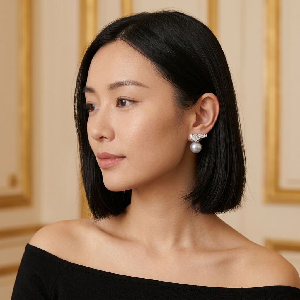 Model wearing the Couronne Stud Earrings, silver-tone brass, simulated pearls, simulated diamonds