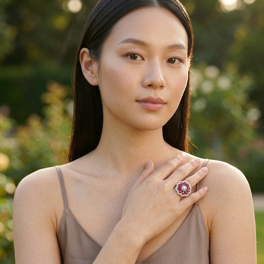 Model wearing the Dahlia Ring, silver-tone brass, simulated rubies, simulated diamonds