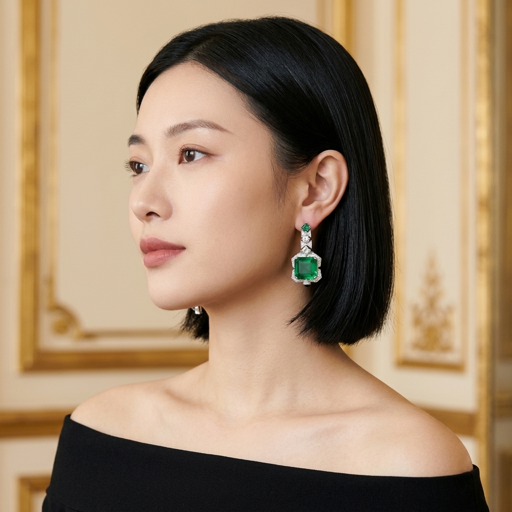 Model wearing the Deco Drop Earrings, silver-tone brass, simulated emeralds, simulated diamonds
