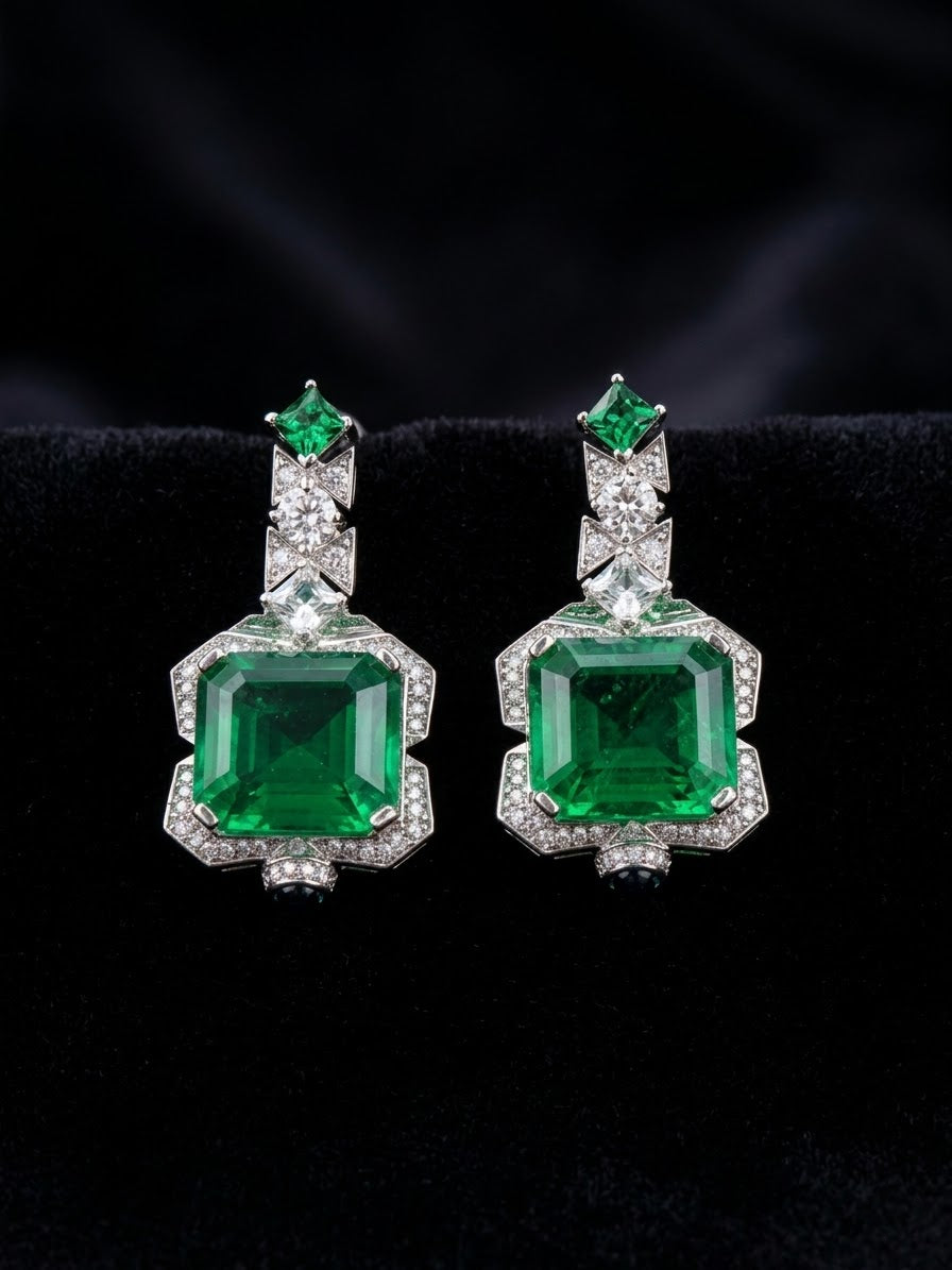 Deco Drop Earrings, silver-tone brass, simulated emeralds, simulated diamonds