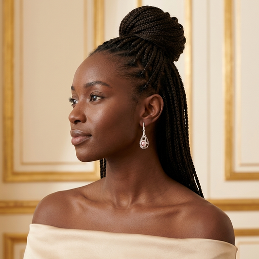 Model wearing the Dentelle Cage Earrings, silver-tone brass, simulated pink pearls, simulated diamonds