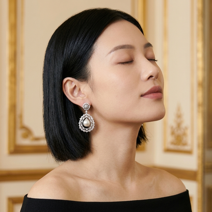 Model wearing the Dentelle Drop Earrings, silver-tone brass, simulated pearls, simulated diamonds