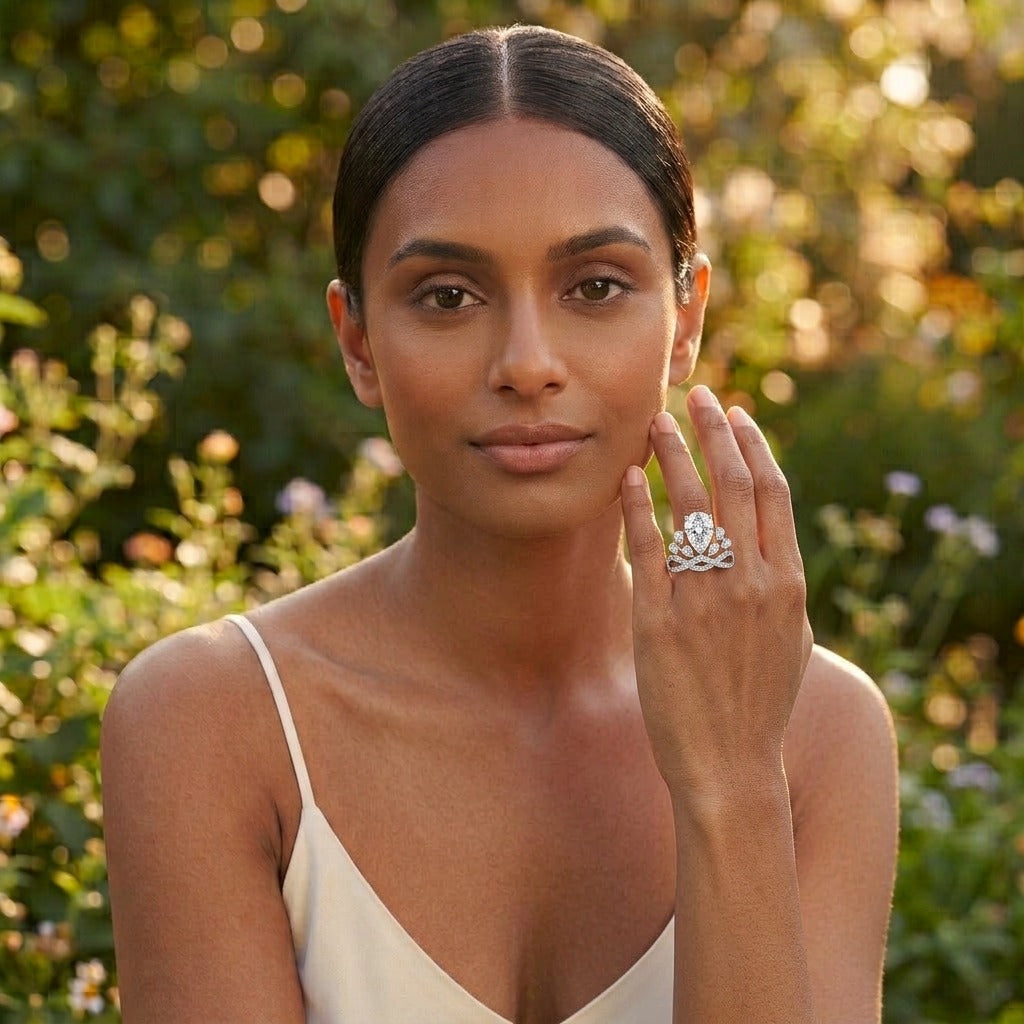 Model wearing the Diadème Ring, silver-tone brass, simulated diamonds