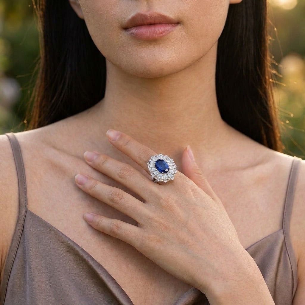 Model wearing the Duchesse Cluster Ring, silver-tone brass, simulated sapphire, simulated diamonds