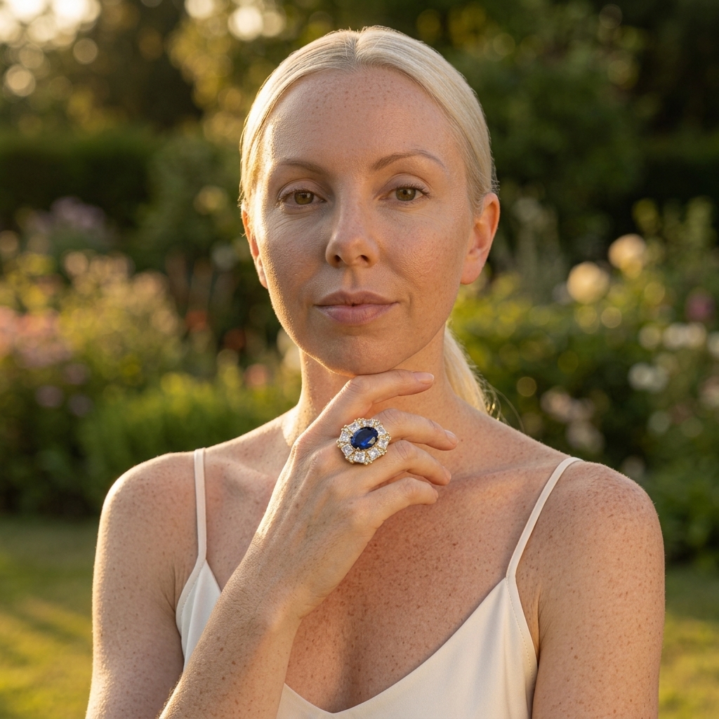 Model wearing the Duchesse Halo Ring, gold-tone brass, simulated sapphire, simulated diamonds